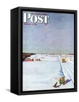 "Waiting for School Bus in Snow," Saturday Evening Post Cover, February 1, 1947-John Falter-Framed Stretched Canvas