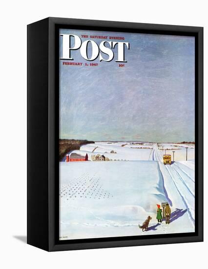 "Waiting for School Bus in Snow," Saturday Evening Post Cover, February 1, 1947-John Falter-Framed Stretched Canvas