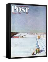 "Waiting for School Bus in Snow," Saturday Evening Post Cover, February 1, 1947-John Falter-Framed Stretched Canvas