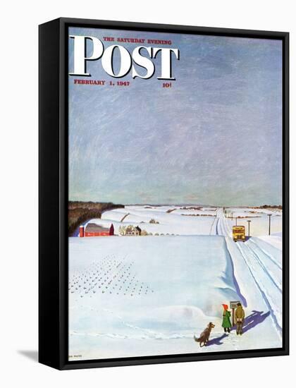 "Waiting for School Bus in Snow," Saturday Evening Post Cover, February 1, 1947-John Falter-Framed Stretched Canvas