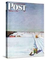 "Waiting for School Bus in Snow," Saturday Evening Post Cover, February 1, 1947-John Falter-Stretched Canvas