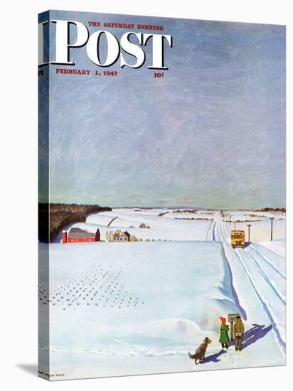 "Waiting for School Bus in Snow," Saturday Evening Post Cover, February 1, 1947-John Falter-Stretched Canvas