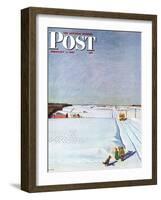 "Waiting for School Bus in Snow," Saturday Evening Post Cover, February 1, 1947-John Falter-Framed Giclee Print