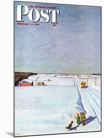 "Waiting for School Bus in Snow," Saturday Evening Post Cover, February 1, 1947-John Falter-Mounted Giclee Print
