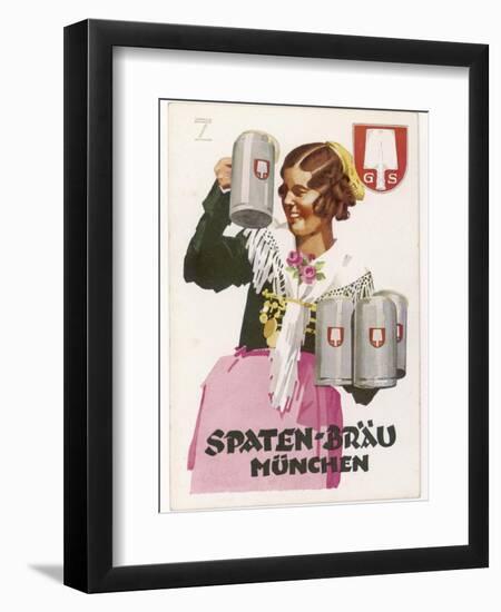 Waitress Brings Four Seidels of Frothy Spaten-Brau-Ludwig Hohlwein-Framed Premium Photographic Print