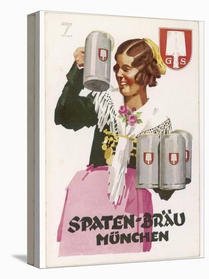 Waitress Brings Four Seidels of Frothy Spaten-Brau-Ludwig Hohlwein-Stretched Canvas