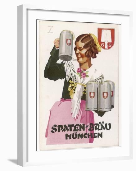 Waitress Brings Four Seidels of Frothy Spaten-Brau-Ludwig Hohlwein-Framed Photographic Print