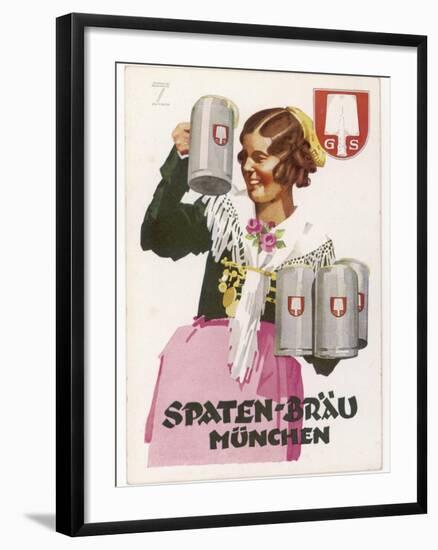 Waitress Brings Four Seidels of Frothy Spaten-Brau-Ludwig Hohlwein-Framed Photographic Print