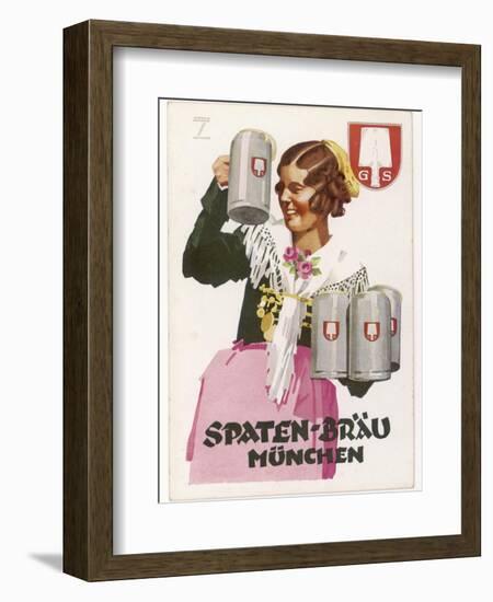 Waitress Brings Four Seidels of Frothy Spaten-Brau-Ludwig Hohlwein-Framed Photographic Print