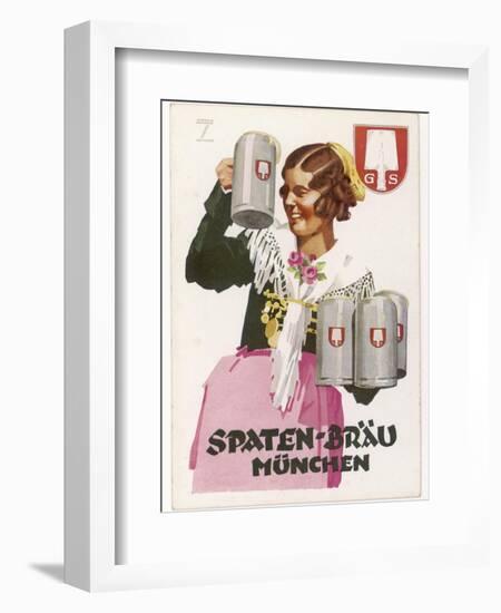 Waitress Brings Four Seidels of Frothy Spaten-Brau-Ludwig Hohlwein-Framed Photographic Print