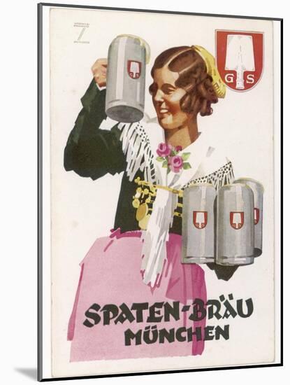 Waitress Brings Four Seidels of Frothy Spaten-Brau-Ludwig Hohlwein-Mounted Photographic Print