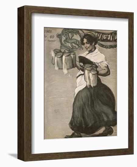 Waitress in a German Bierkeller Brings Tankards of Foaming Ale to Her Customers-null-Framed Art Print