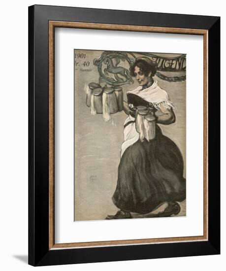 Waitress in a German Bierkeller Brings Tankards of Foaming Ale to Her Customers-null-Framed Art Print