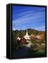 Waits River, View of Church and Barn in Autumn, Northeast Kingdom, Vermont, USA-Walter Bibikow-Framed Stretched Canvas