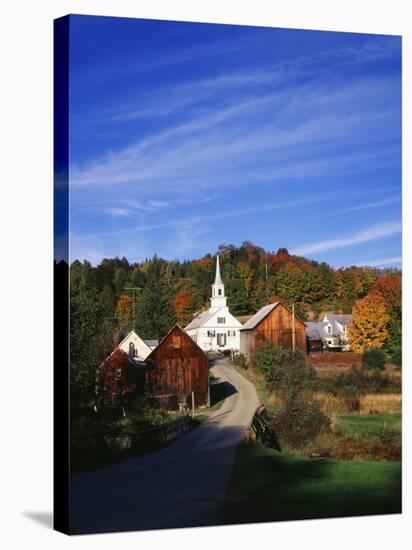 Waits River, View of Church and Barn in Autumn, Northeast Kingdom, Vermont, USA-Walter Bibikow-Stretched Canvas