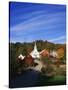 Waits River, View of Church and Barn in Autumn, Northeast Kingdom, Vermont, USA-Walter Bibikow-Stretched Canvas