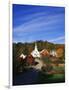 Waits River, View of Church and Barn in Autumn, Northeast Kingdom, Vermont, USA-Walter Bibikow-Framed Photographic Print