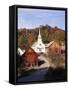 Waits River, View of Church and Barn in Autumn, Northeast Kingdom, Vermont, USA-Walter Bibikow-Framed Stretched Canvas