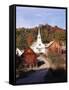 Waits River, View of Church and Barn in Autumn, Northeast Kingdom, Vermont, USA-Walter Bibikow-Framed Stretched Canvas