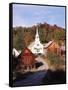 Waits River, View of Church and Barn in Autumn, Northeast Kingdom, Vermont, USA-Walter Bibikow-Framed Stretched Canvas