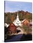 Waits River, View of Church and Barn in Autumn, Northeast Kingdom, Vermont, USA-Walter Bibikow-Stretched Canvas