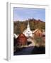 Waits River, View of Church and Barn in Autumn, Northeast Kingdom, Vermont, USA-Walter Bibikow-Framed Premium Photographic Print