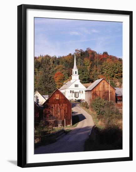 Waits River, View of Church and Barn in Autumn, Northeast Kingdom, Vermont, USA-Walter Bibikow-Framed Premium Photographic Print