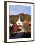 Waits River, View of Church and Barn in Autumn, Northeast Kingdom, Vermont, USA-Walter Bibikow-Framed Premium Photographic Print