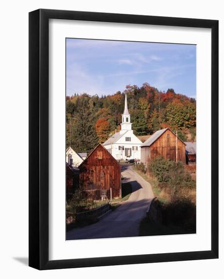 Waits River, View of Church and Barn in Autumn, Northeast Kingdom, Vermont, USA-Walter Bibikow-Framed Photographic Print