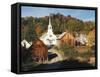 Waits River, View of Church and Barn, Northeast Kingdom, Vermont, USA-Walter Bibikow-Framed Stretched Canvas