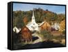 Waits River, View of Church and Barn, Northeast Kingdom, Vermont, USA-Walter Bibikow-Framed Stretched Canvas