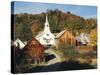 Waits River, View of Church and Barn, Northeast Kingdom, Vermont, USA-Walter Bibikow-Stretched Canvas