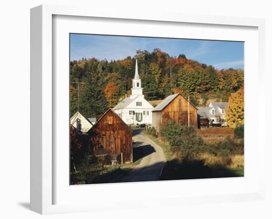 Waits River, View of Church and Barn, Northeast Kingdom, Vermont, USA-Walter Bibikow-Framed Photographic Print