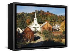 Waits River, View of Church and Barn, Northeast Kingdom, Vermont, USA-Walter Bibikow-Framed Stretched Canvas