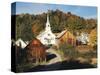 Waits River, View of Church and Barn, Northeast Kingdom, Vermont, USA-Walter Bibikow-Stretched Canvas