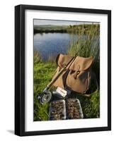 Wales, Conwy, A Trout Rod and Fly Fishing Equipment Beside a Hill Lake in North Wales, UK-John Warburton-lee-Framed Photographic Print