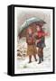Walking under Umbrella in Snow Storm, Christmas Card-null-Framed Stretched Canvas