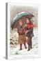 Walking under Umbrella in Snow Storm, Christmas Card-null-Stretched Canvas