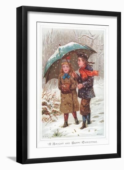 Walking under Umbrella in Snow Storm, Christmas Card-null-Framed Giclee Print