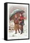 Walking under Umbrella in Snow Storm, Christmas Card-null-Framed Stretched Canvas