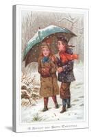 Walking under Umbrella in Snow Storm, Christmas Card-null-Stretched Canvas