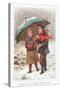 Walking under Umbrella in Snow Storm, Christmas Card-null-Stretched Canvas