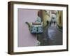 Wall Decorated with Teapot and Cobbled Street in the Old Town, Vilnius, Lithunia-Keren Su-Framed Photographic Print