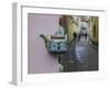 Wall Decorated with Teapot and Cobbled Street in the Old Town, Vilnius, Lithunia-Keren Su-Framed Photographic Print