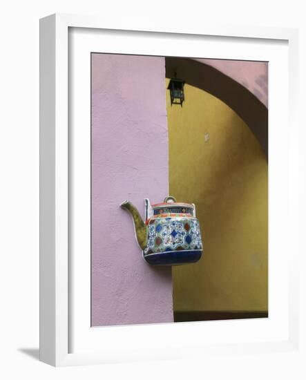 Wall Decorated with Teapot and Cobbled Street in the Old Town, Vilnius, Lithunia-Keren Su-Framed Photographic Print