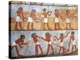 Wall Painting Depicting Sowing and Harvesting Scene, from the Tomb of Onsu at West Thebes, Close-Up-null-Stretched Canvas