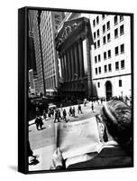 Wall Street Journal Reader across the Street from the New York Stock Exchange Building-null-Framed Stretched Canvas
