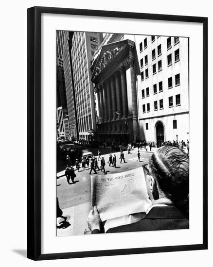 Wall Street Journal Reader across the Street from the New York Stock Exchange Building-null-Framed Photo