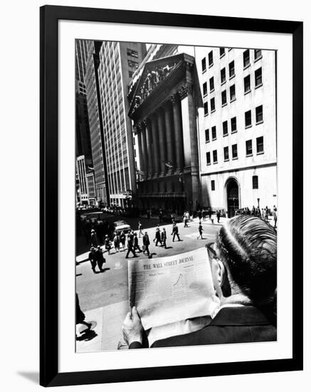 Wall Street Journal Reader across the Street from the New York Stock Exchange Building-null-Framed Photo