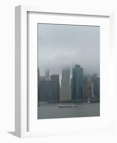 Wall Street office towers with fog and East River boat traffic-Jan Halaska-Framed Photographic Print